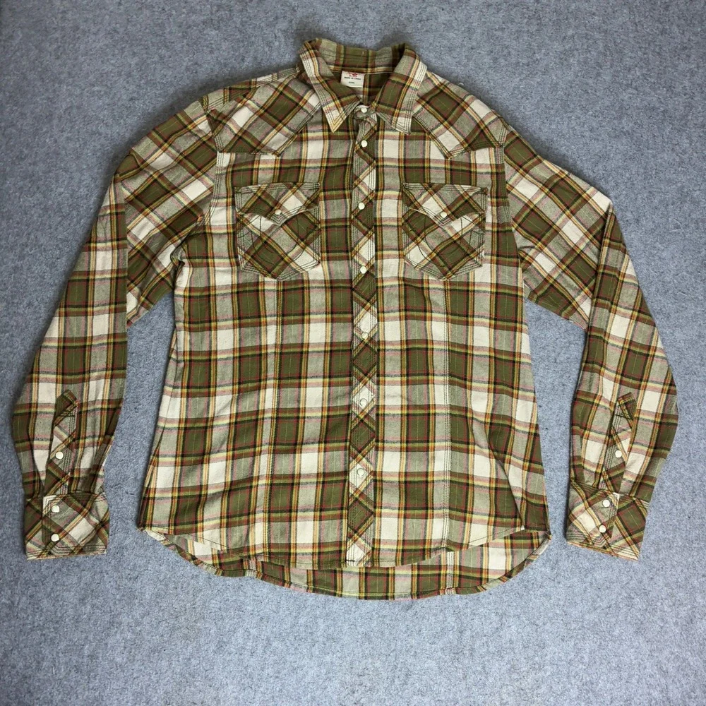 True Religion Mens 3XL Western Plaid Flannel Shirt Pearl Snap Green Y2K XXXL